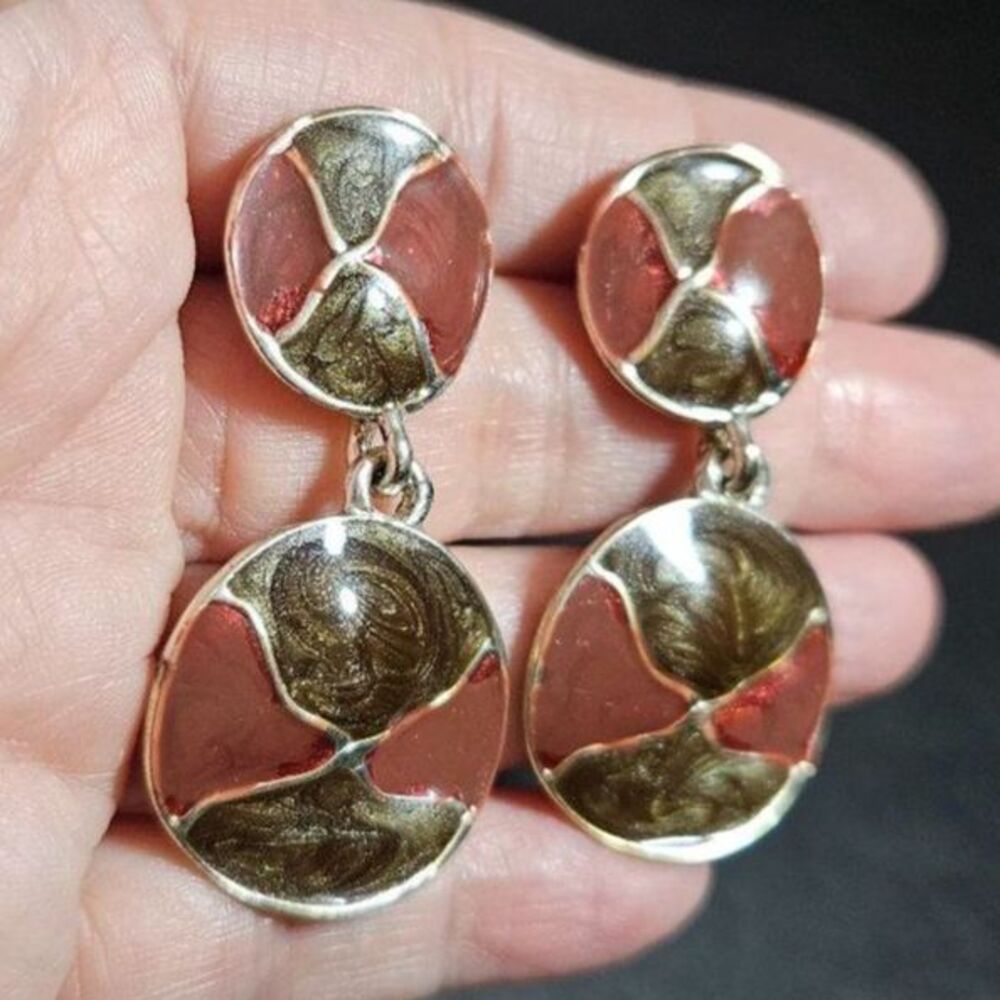 Vintage silver tone round enamel dangling earrings - Picture 4 of 8